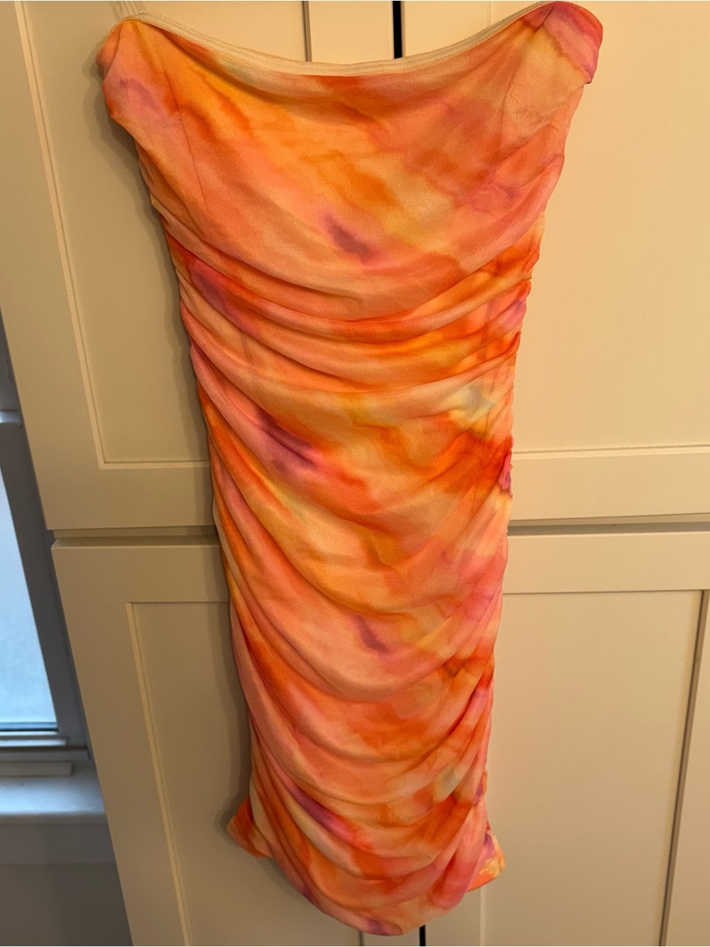 Windsor Orange and Pink Strapless Ruched Midi Dress